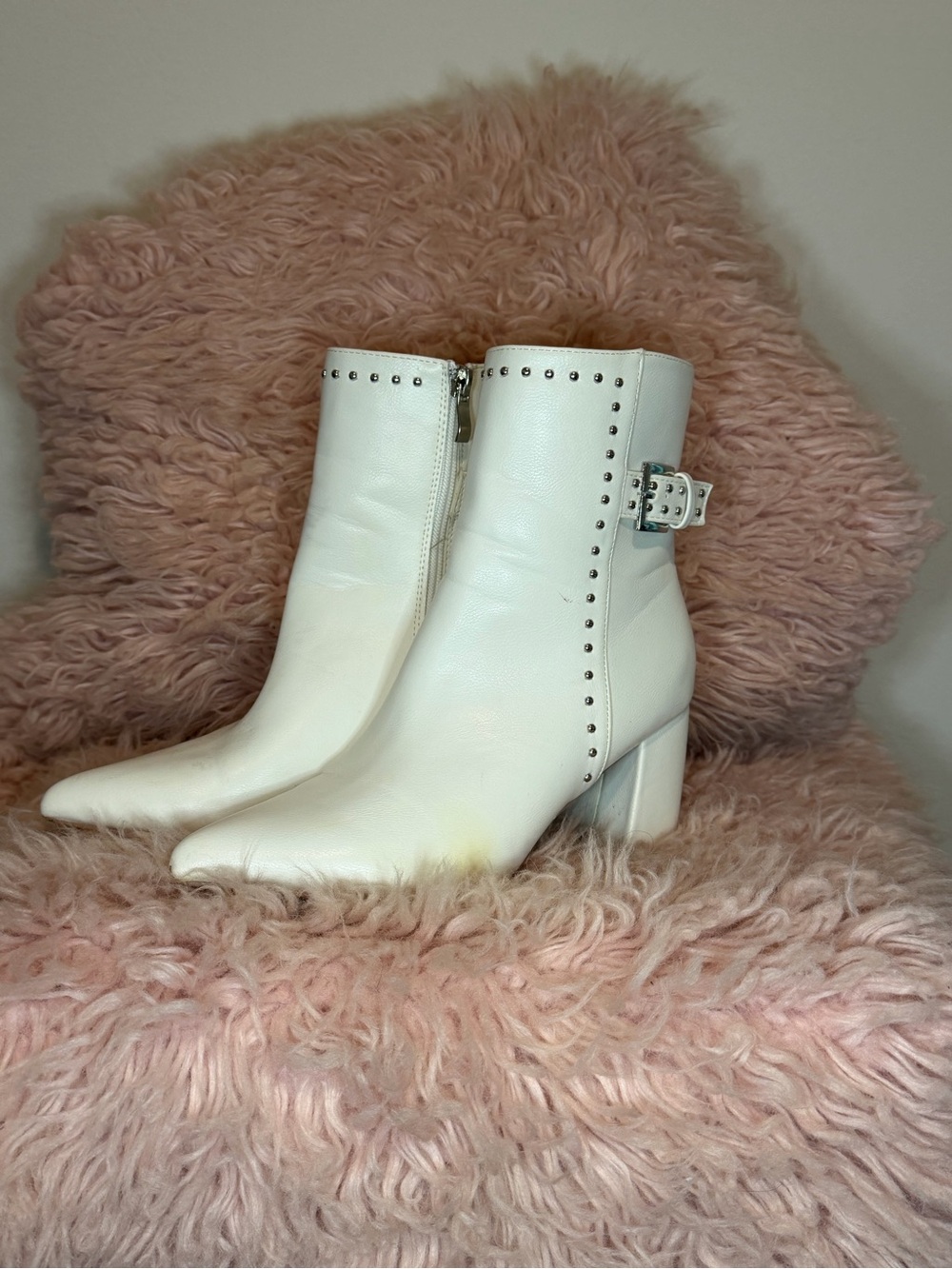 White Studded Leather Ankle Boots with Buckle